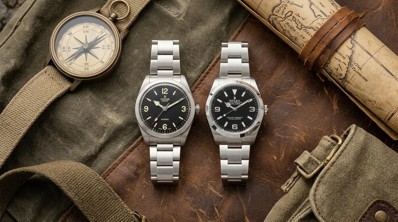 A Tudor Ranger and a Rolex Explorer field watch displayed side by side on a rugged canvas surface
