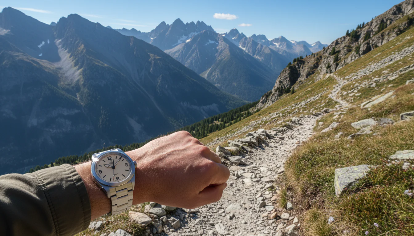 Tudor Ranger worn on the wrist while hiking a rocky mountain trail
