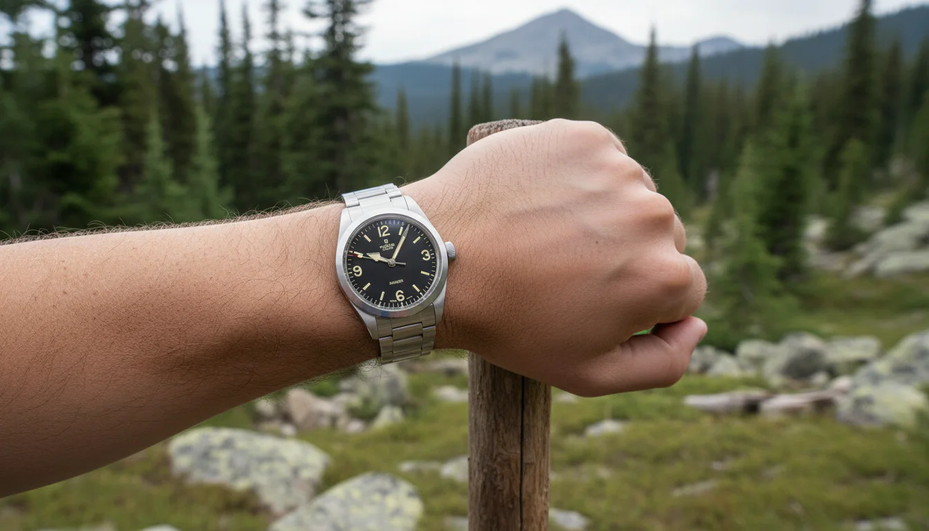 Wrist shot of a Tudor Ranger field watch worn outdoors in a mountain setting