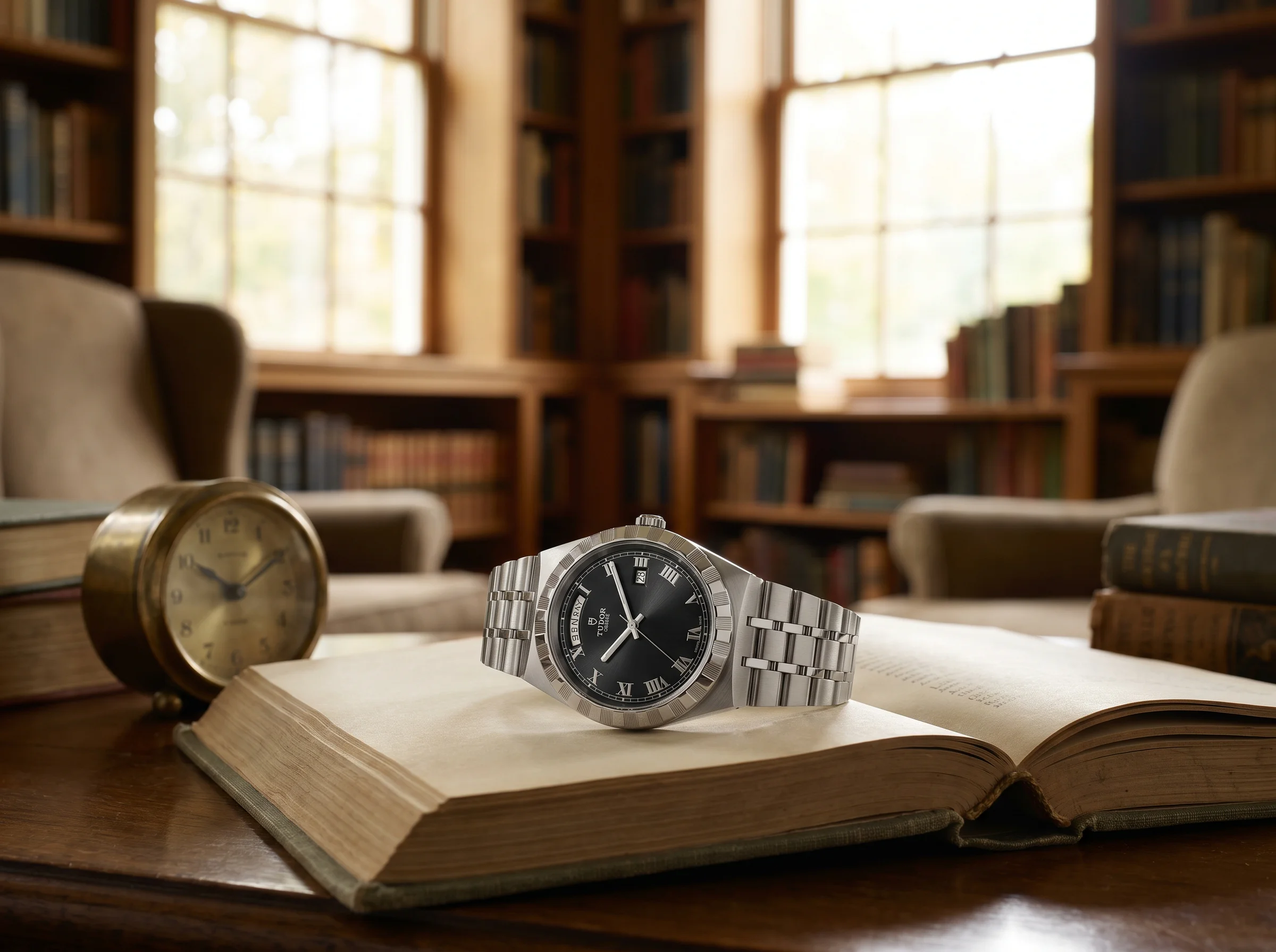 Tudor Royal 40mm in steel with black day-date dial resting on a book in a home library