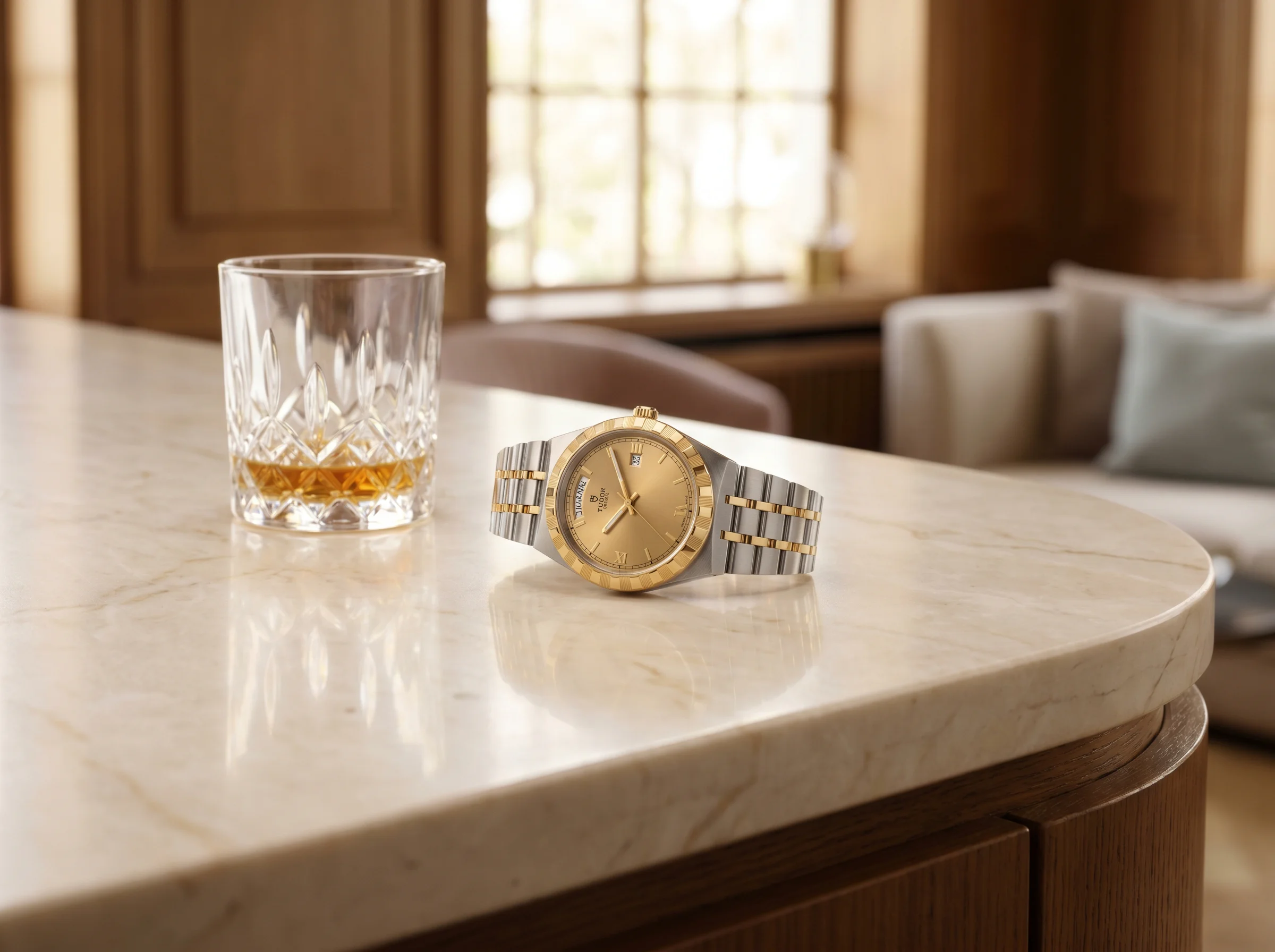 Tudor Royal 40mm two-tone in steel and yellow gold with champagne day-date dial on marble