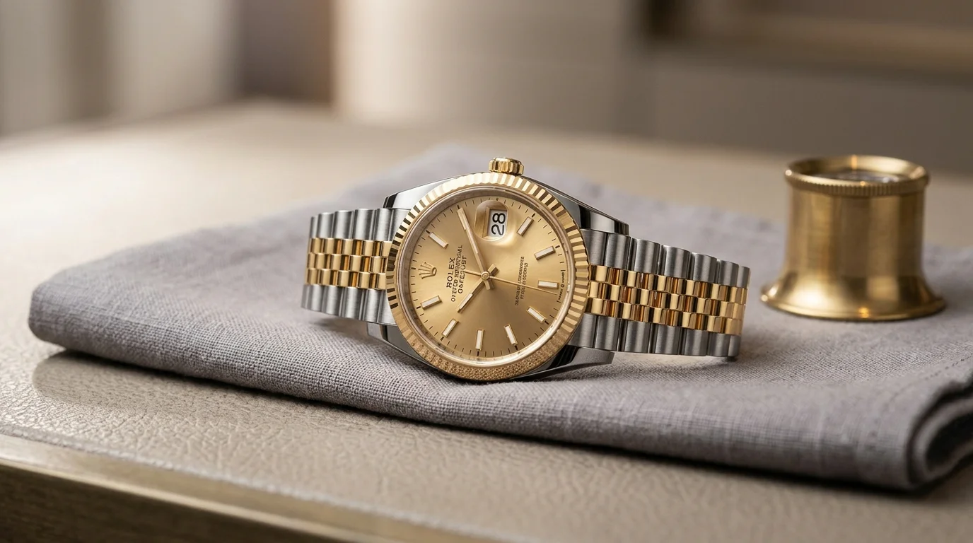Rolex Datejust 36 two-tone steel and yellow gold on a jeweler's counter beside a loupe
