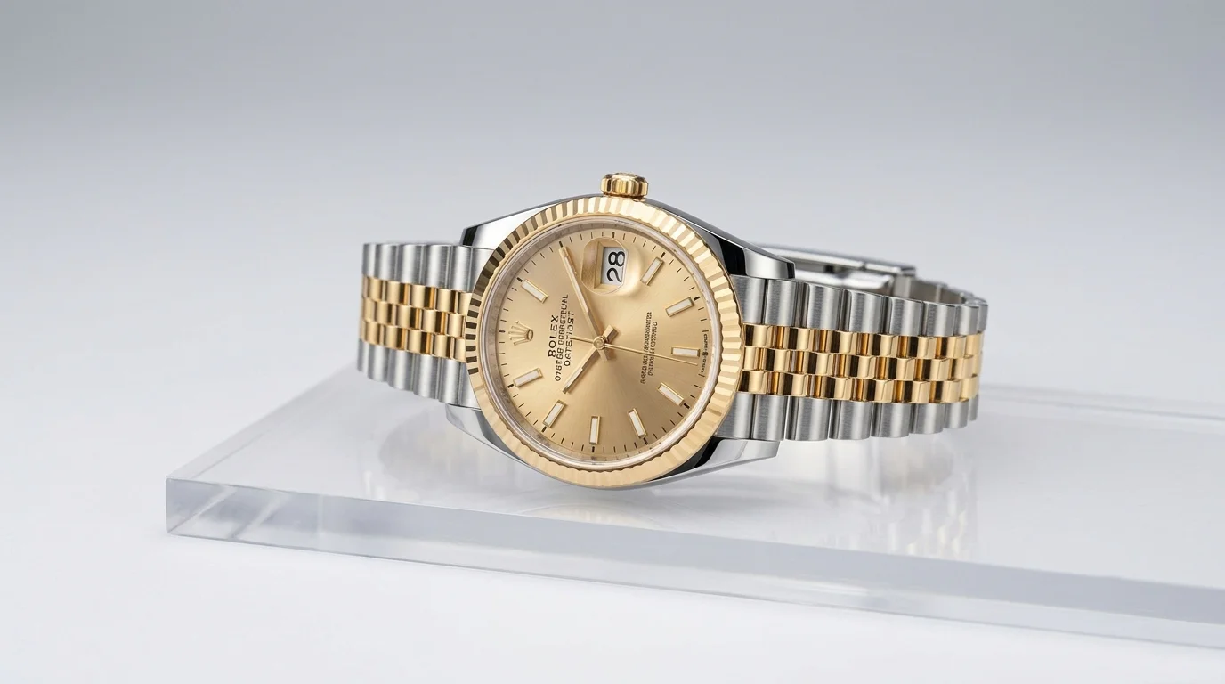 Rolex Datejust 36 two-tone steel and yellow gold three-quarter studio view showing gold-steel contrast
