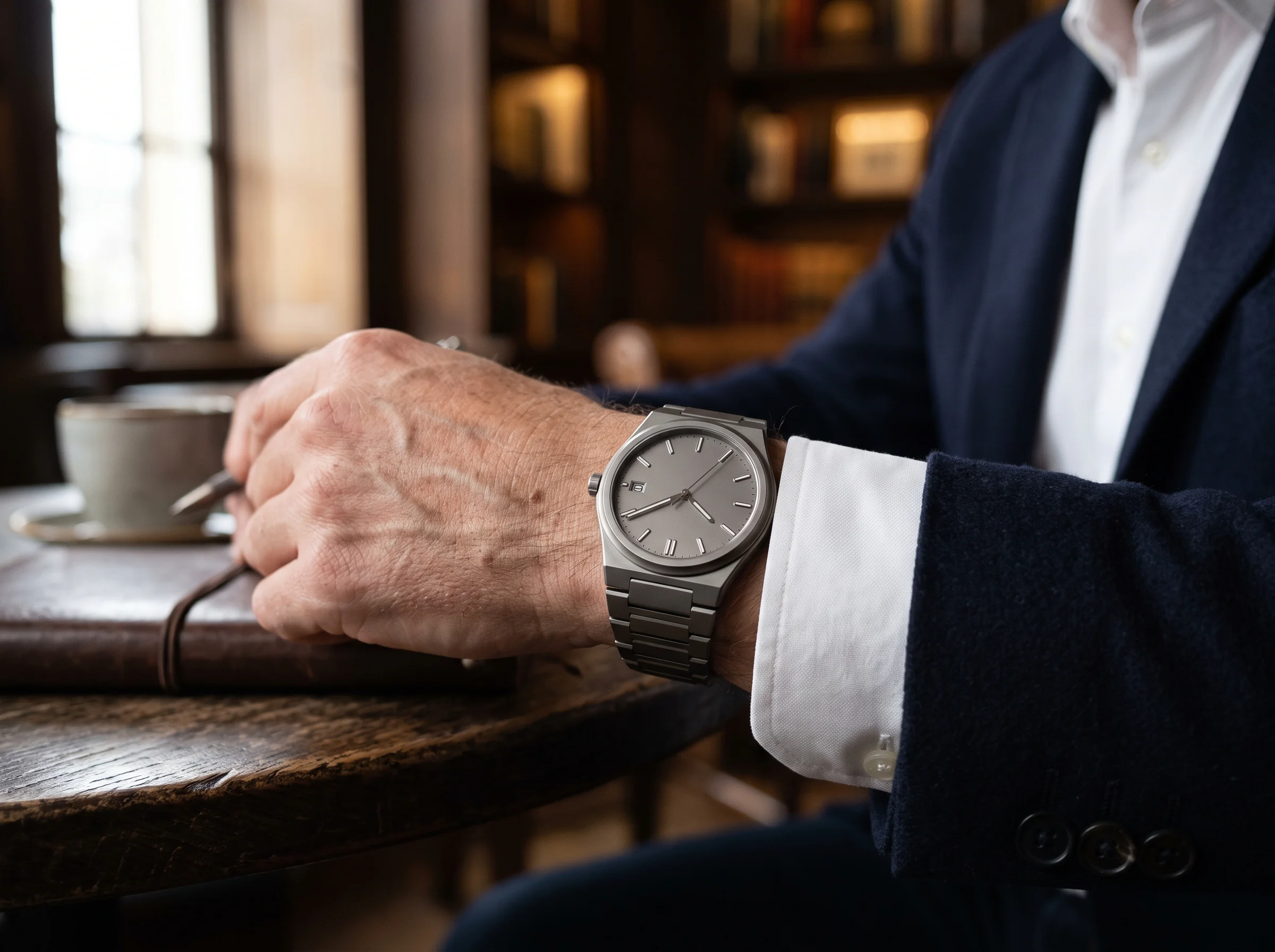 An ultra-thin monochrome titanium dress-sport watch on a wrist emerging from a crisp white shirt cuff