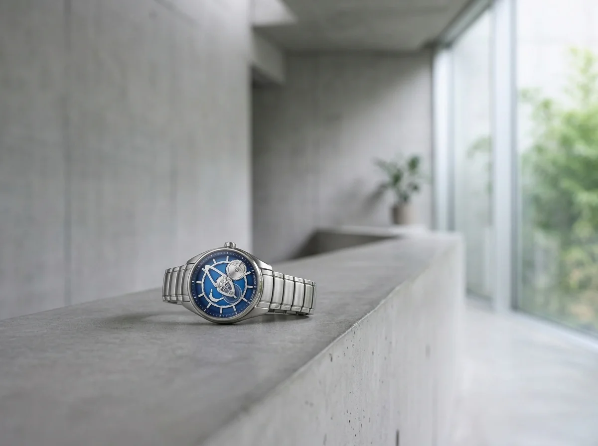 Ulysse Nardin Freak X on a poured-concrete ledge in a modern interior.