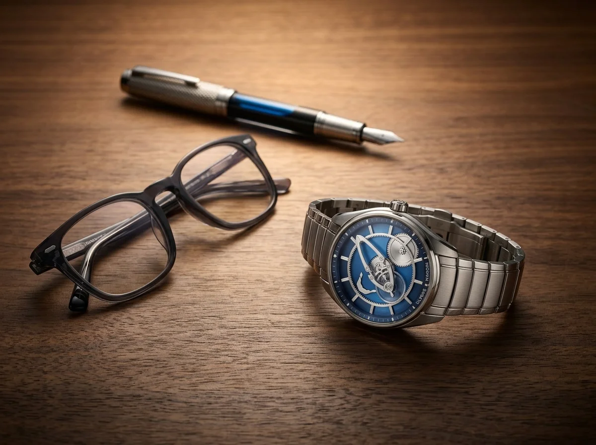 Ulysse Nardin Freak X on a walnut desk beside designer eyeglasses and a fountain pen.