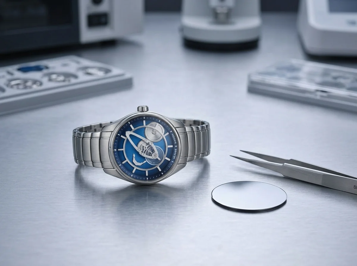 Ulysse Nardin Freak X beside a silicon wafer on a laboratory bench.