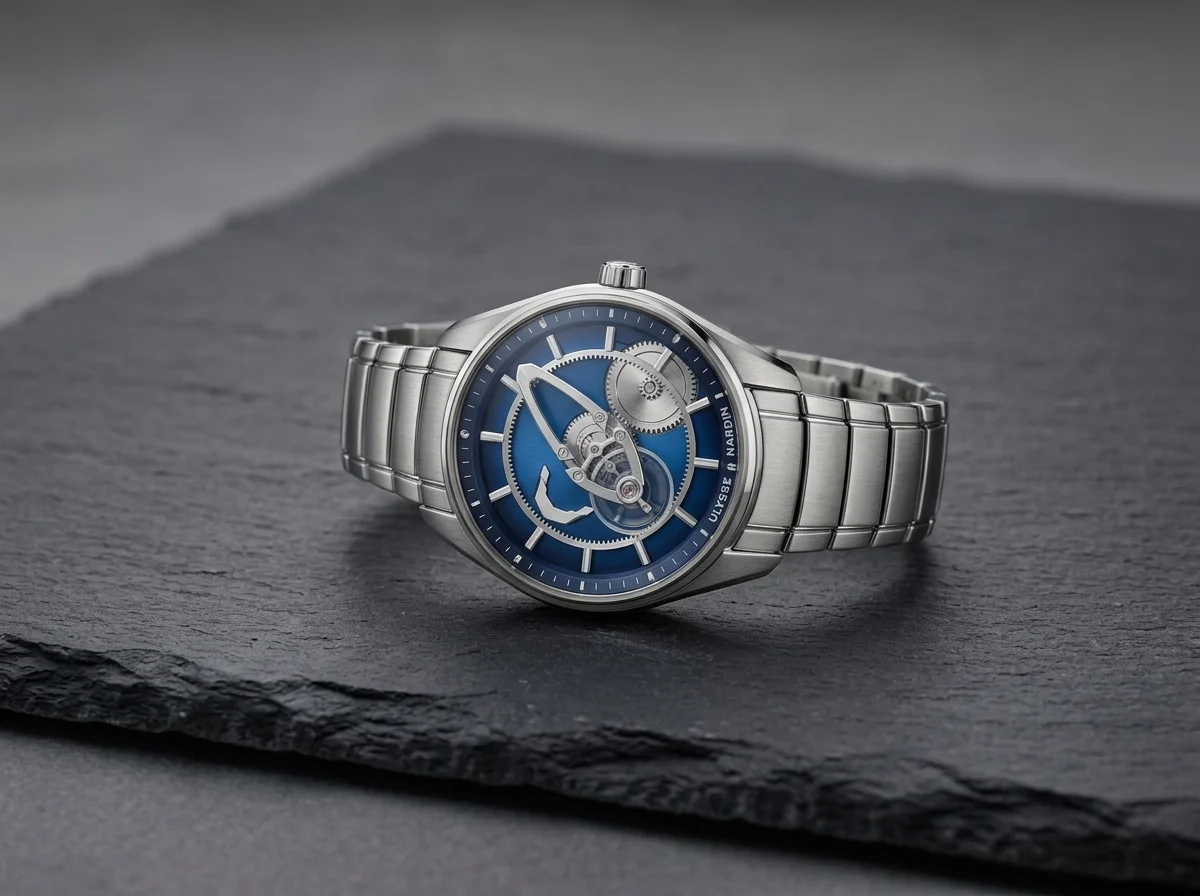 Ulysse Nardin Freak X with its open movement-as-display architecture on a slate slab.