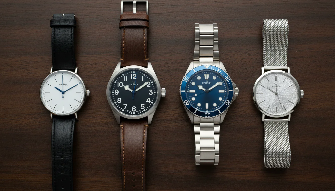 Four wristwatches laid out side by side representing the underrated value brand tier: a minimalist white dial, a black field watch, a blue diver, and a textured silver dress watch
