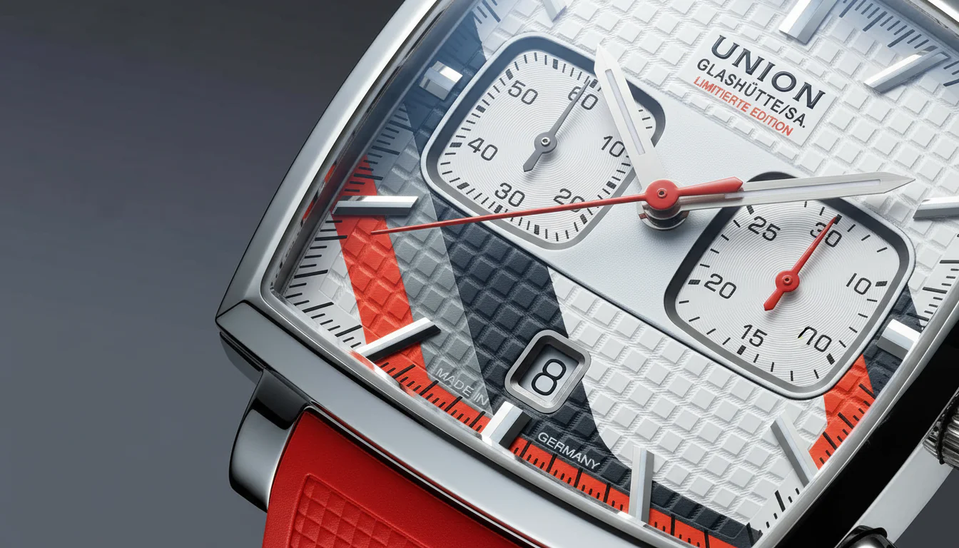 Extreme close-up of the Union Glashutte Averin Chronograph dial showing the tile-pattern texture and wordmark