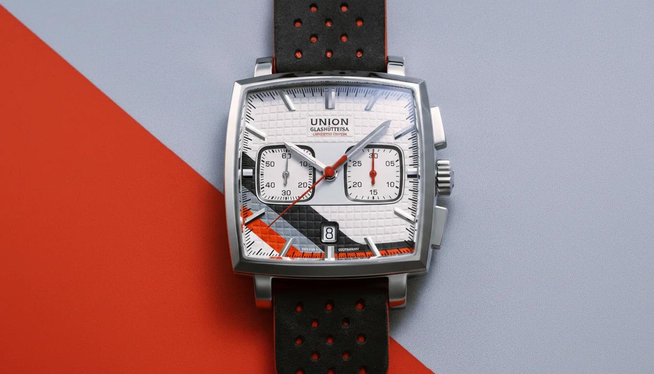 Union Glashutte Averin Chronograph flat lay on its black perforated racing strap