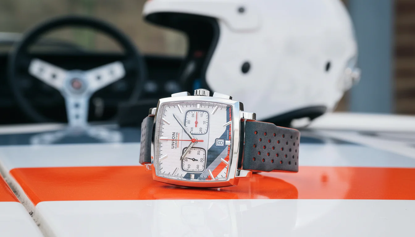 Union Glashutte Averin Chronograph on its grey perforated leather strap resting on the Sachsen Classic rally car livery