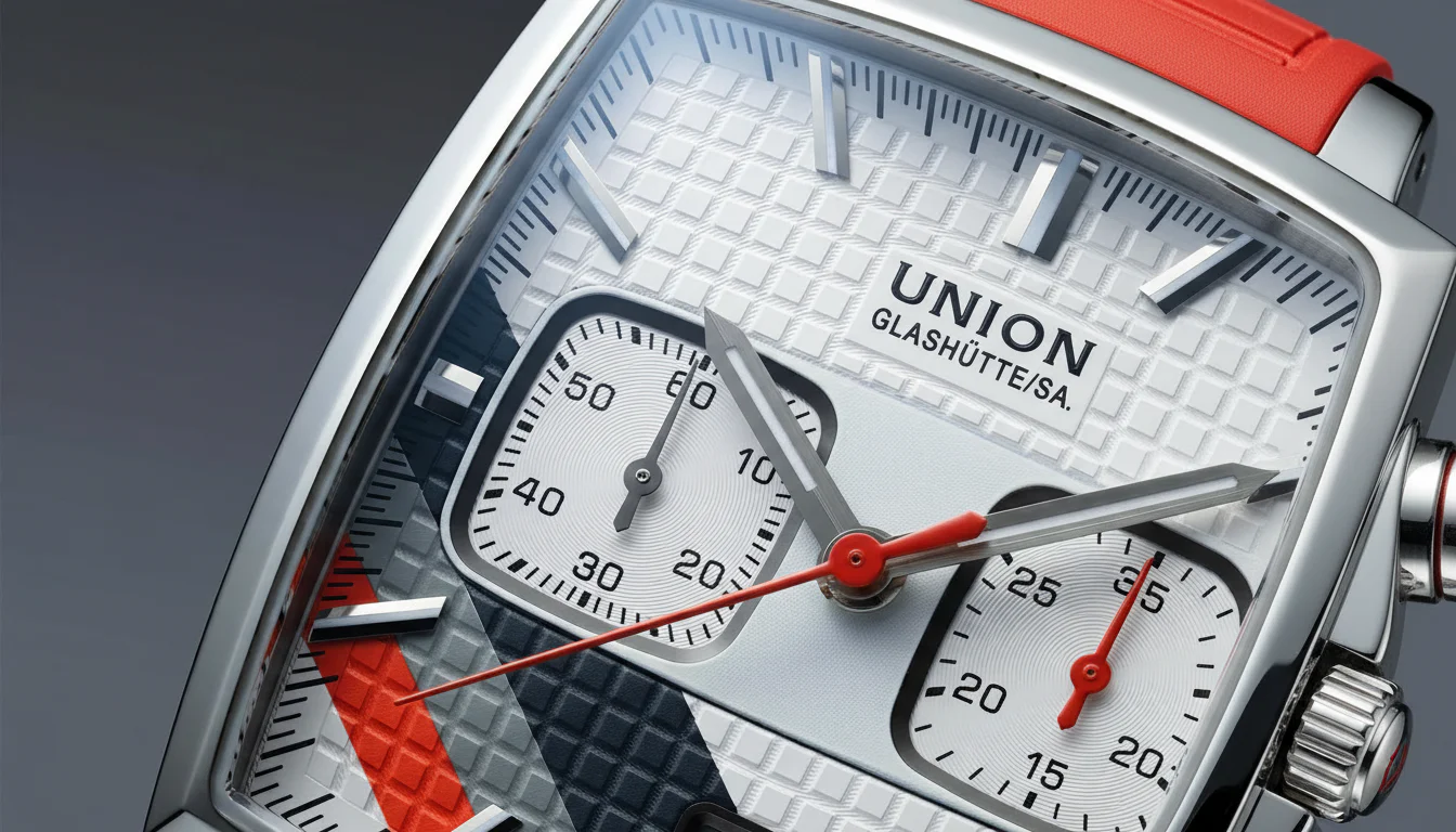 Macro angled shot of the Union Glashutte Averin Chronograph dial showing the tri-compax layout and orange racing strap