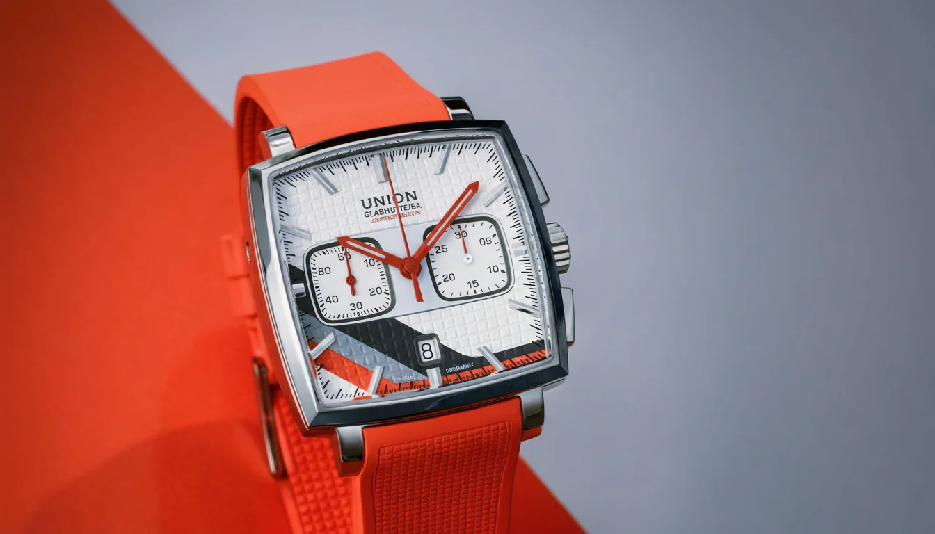 Union Glashutte Averin Chronograph on its orange textured rubber strap, three-quarter angle view