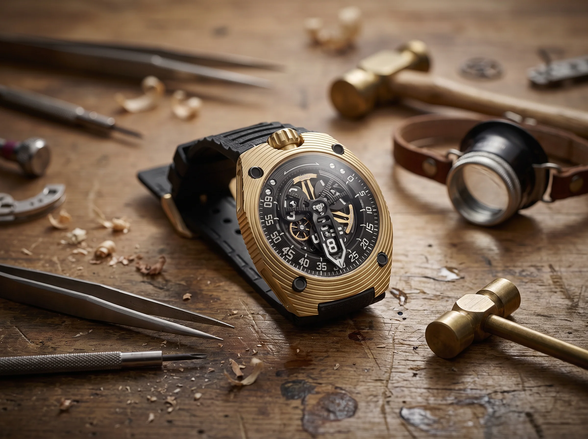 URWERK UR-150 Golden Scorpion watch resting on a watchmaker's bench beside fine tools