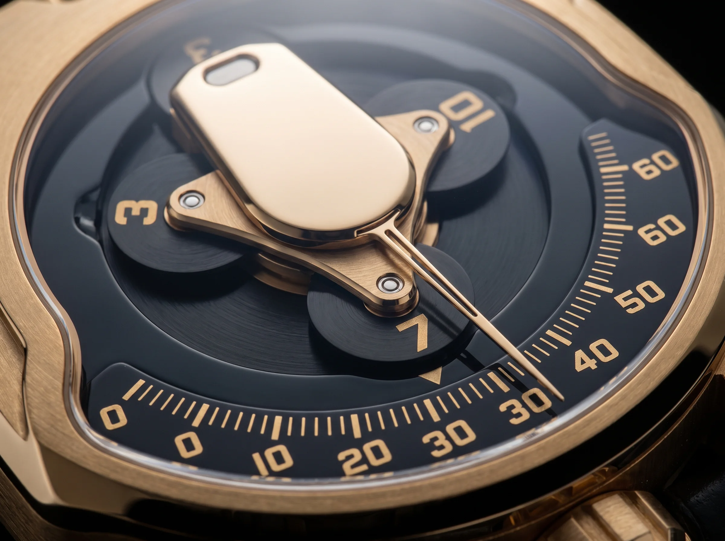 Macro of the URWERK UR-150 Golden Scorpion satellite hour dial and retrograde minute scale