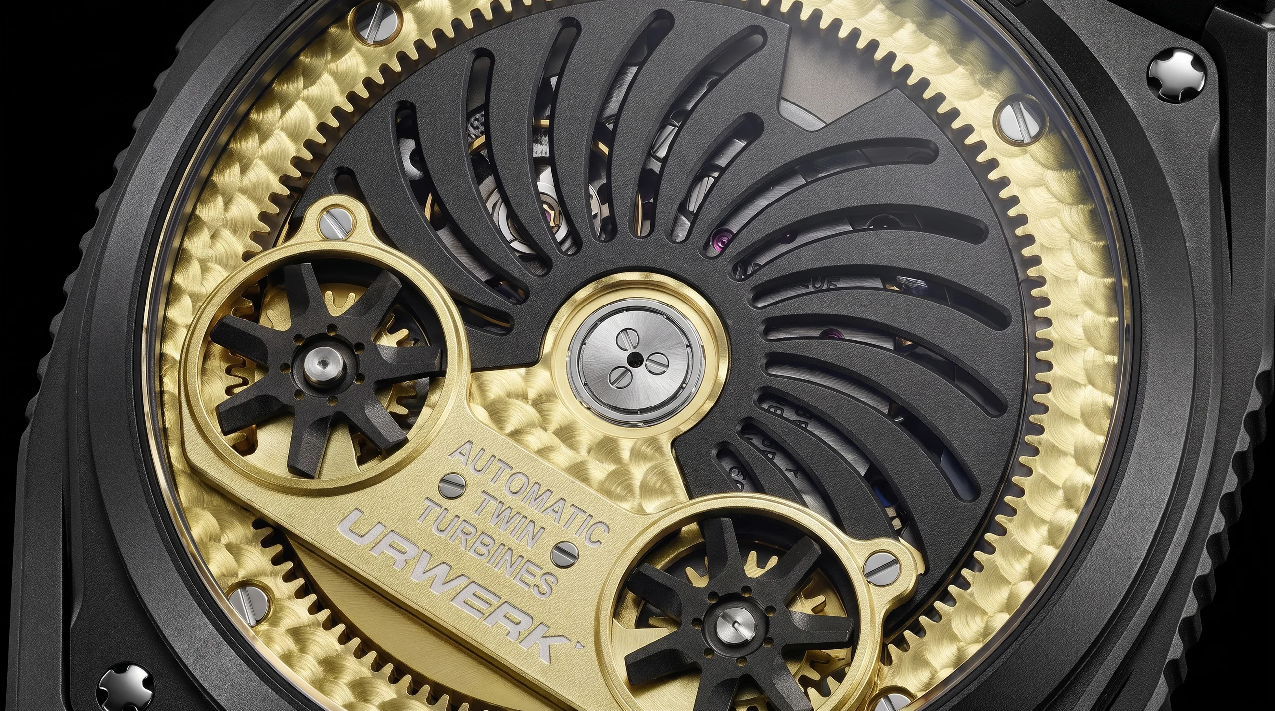 Macro of the URWERK UR-150 Golden Scorpion automatic movement through the display caseback showing the twin turbine winding system