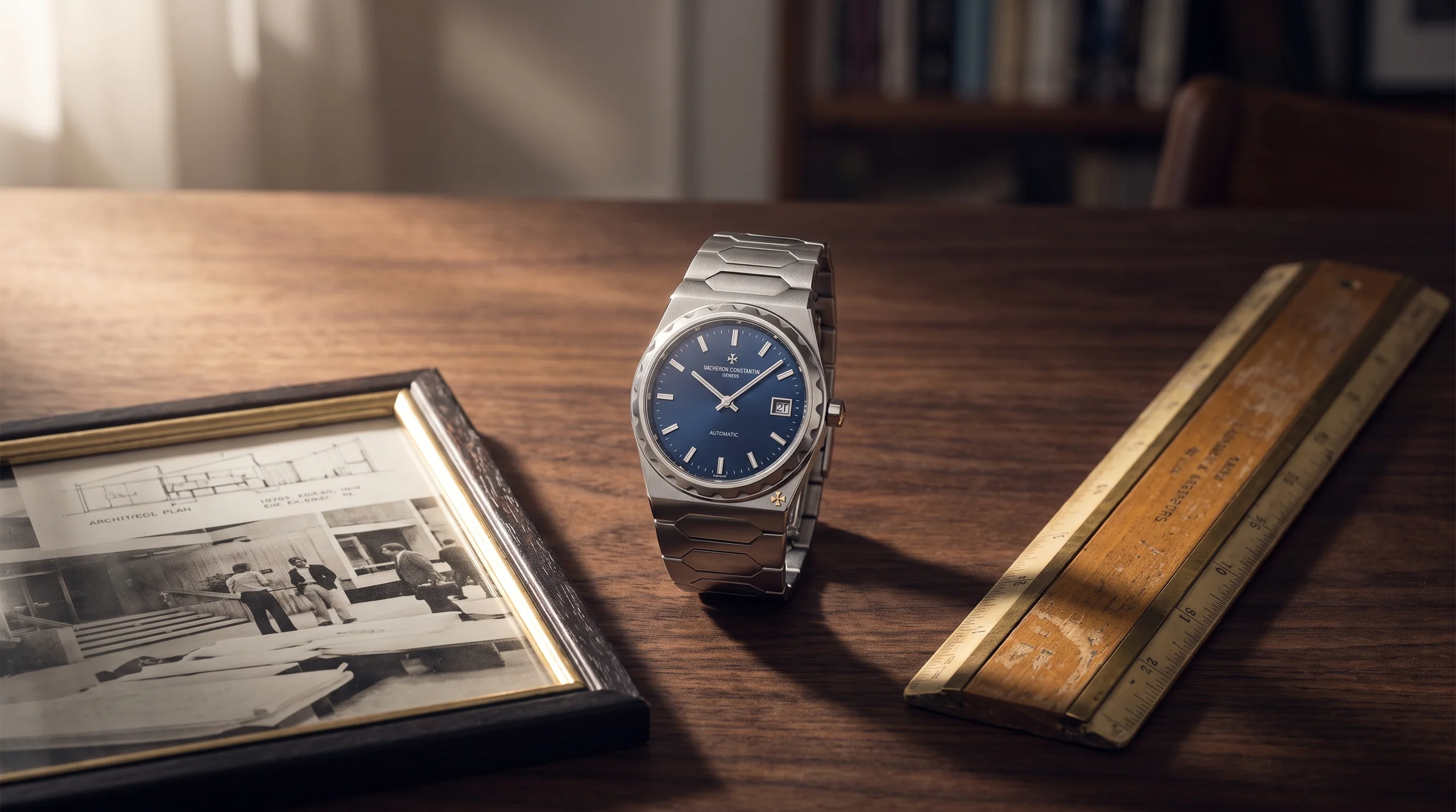 Vacheron Constantin Historiques 222 next to a framed 1970s architectural photograph on a desk