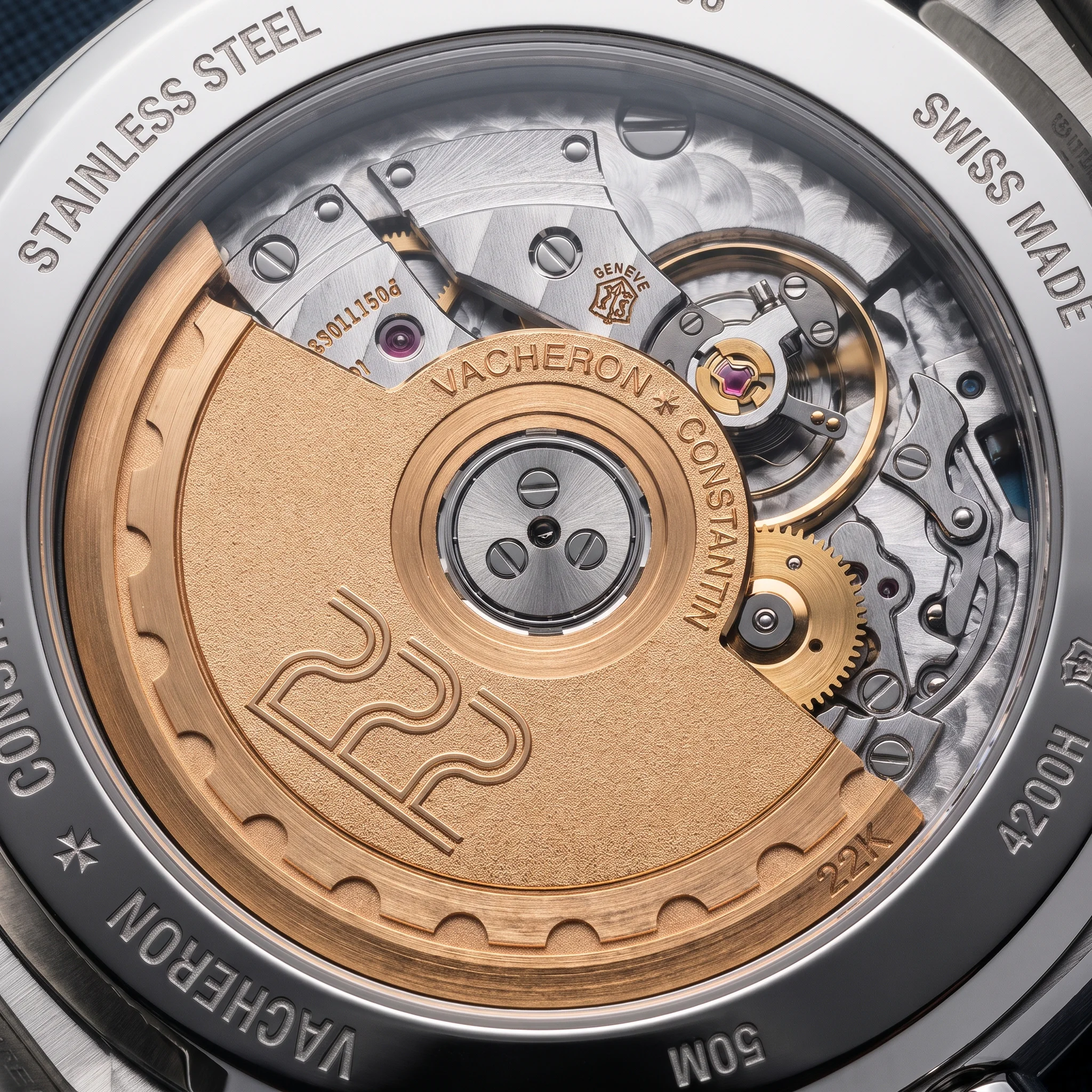 Vacheron Constantin caliber 2455/2 movement with 22K gold rotor engraved 222, seen through the caseback