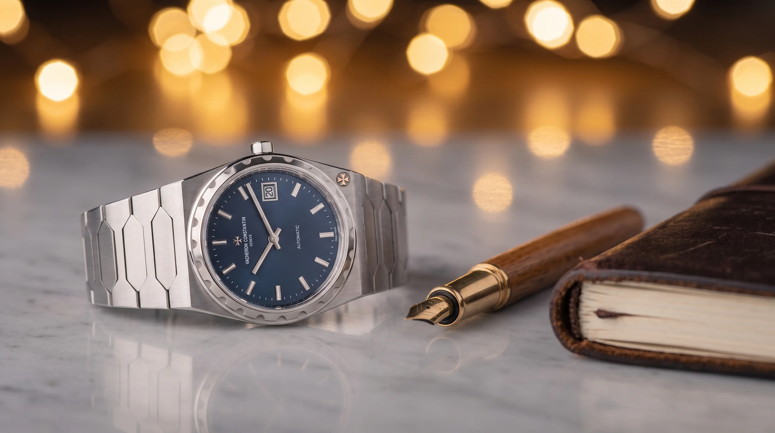 Vacheron Constantin Historiques 222 steel watch on a marble desk with a fountain pen and notebook