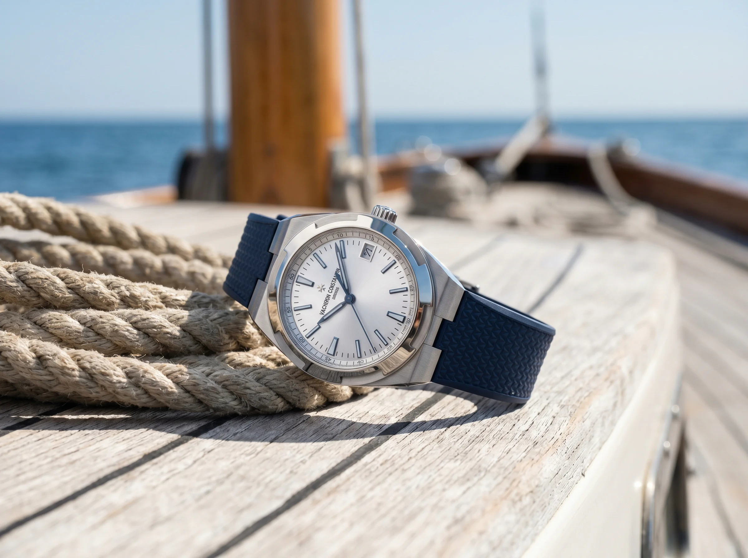 Vacheron Constantin Overseas in steel with silver dial on a navy rubber strap on a teak boat deck