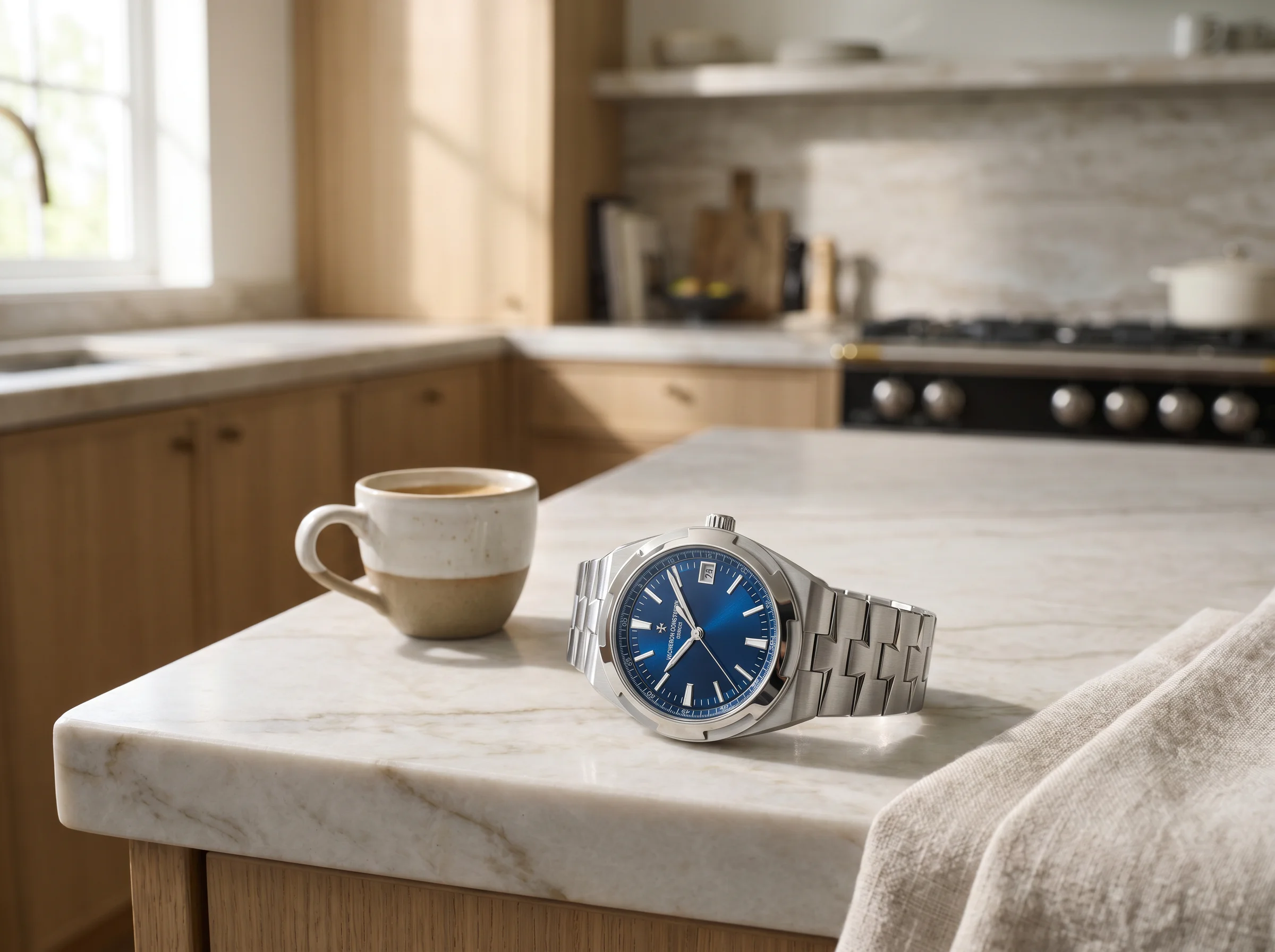 Vacheron Constantin Overseas with sunburst blue dial on a marble counter beside an espresso cup