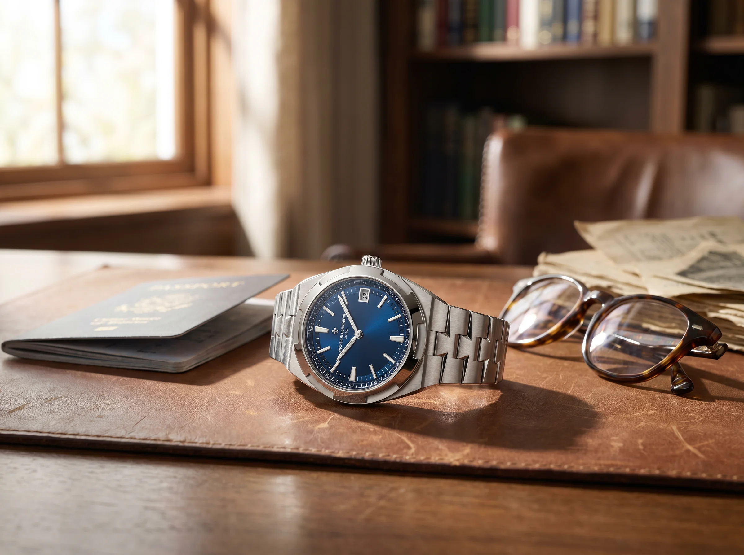 Vacheron Constantin Overseas with blue dial on a leather desk pad beside a passport and reading glasses