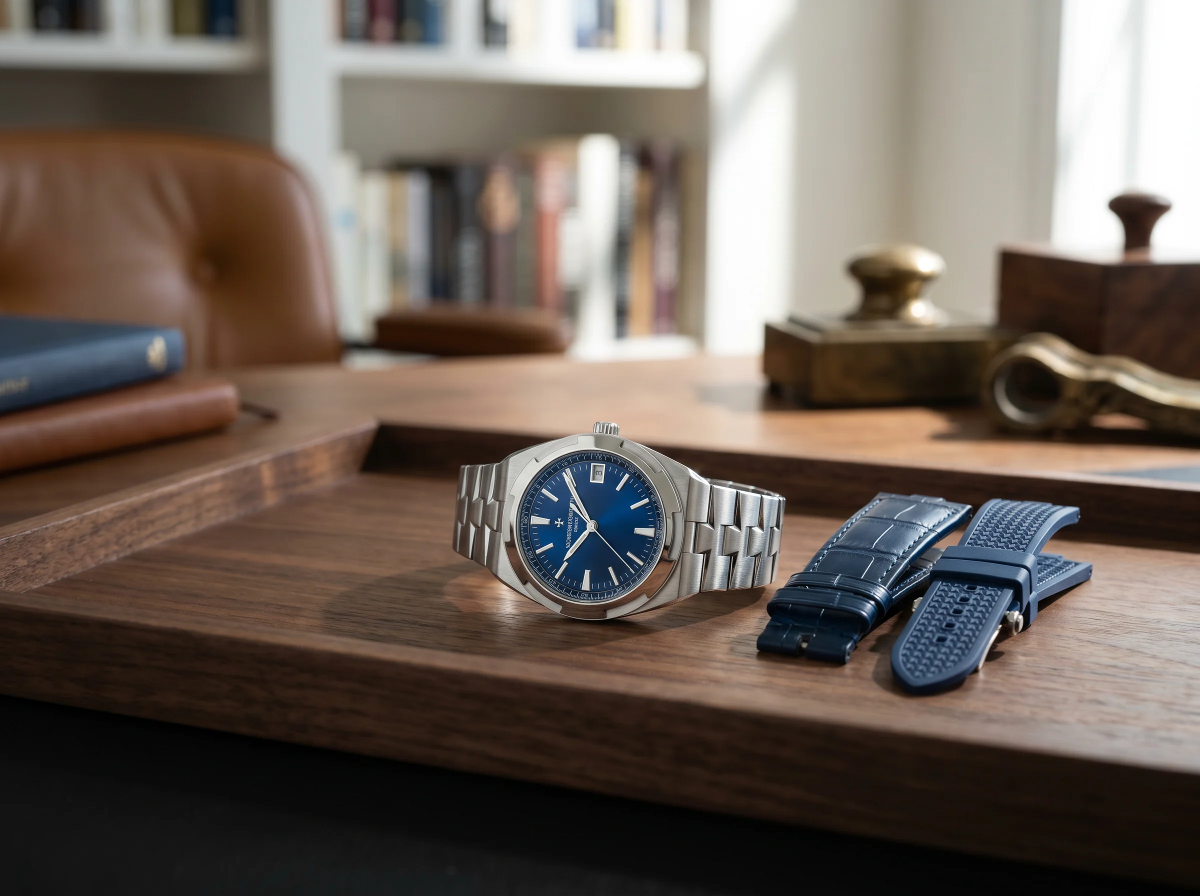 Vacheron Constantin Overseas on a walnut tray beside two spare straps showing the interchangeable strap system