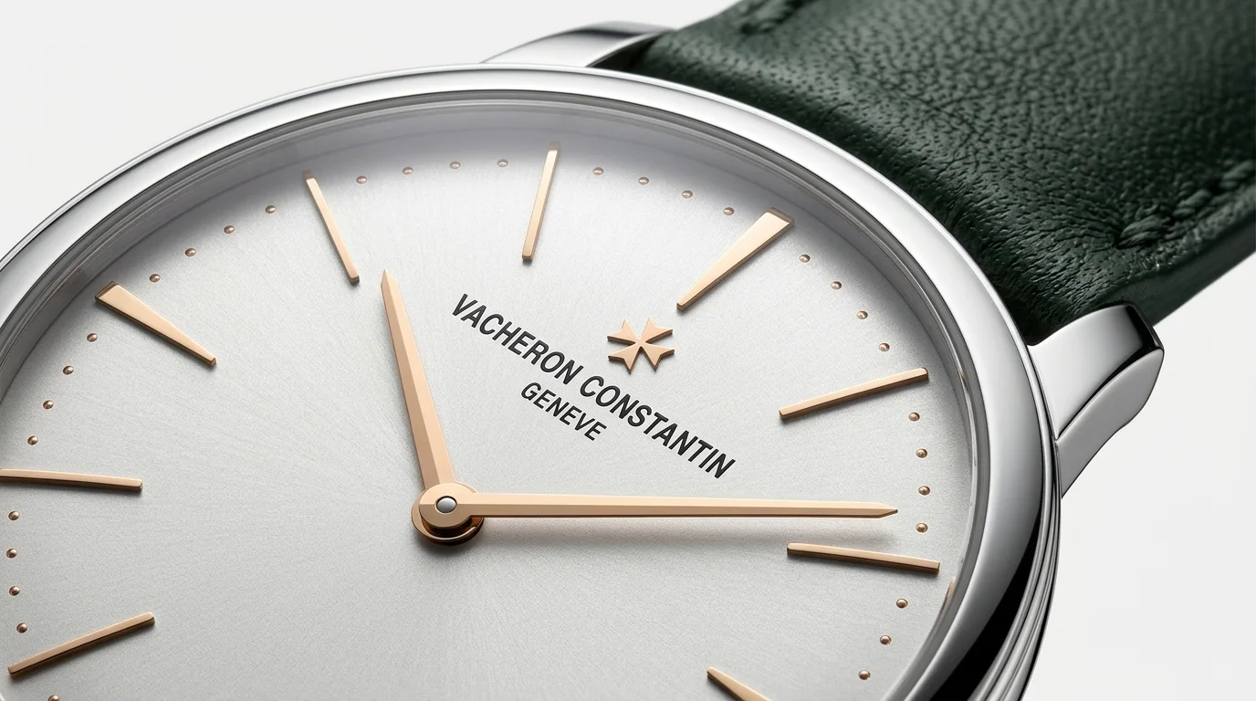 Macro shot of a Vacheron Constantin Patrimony silver dial with thin dauphine hands and minimalist baton markers