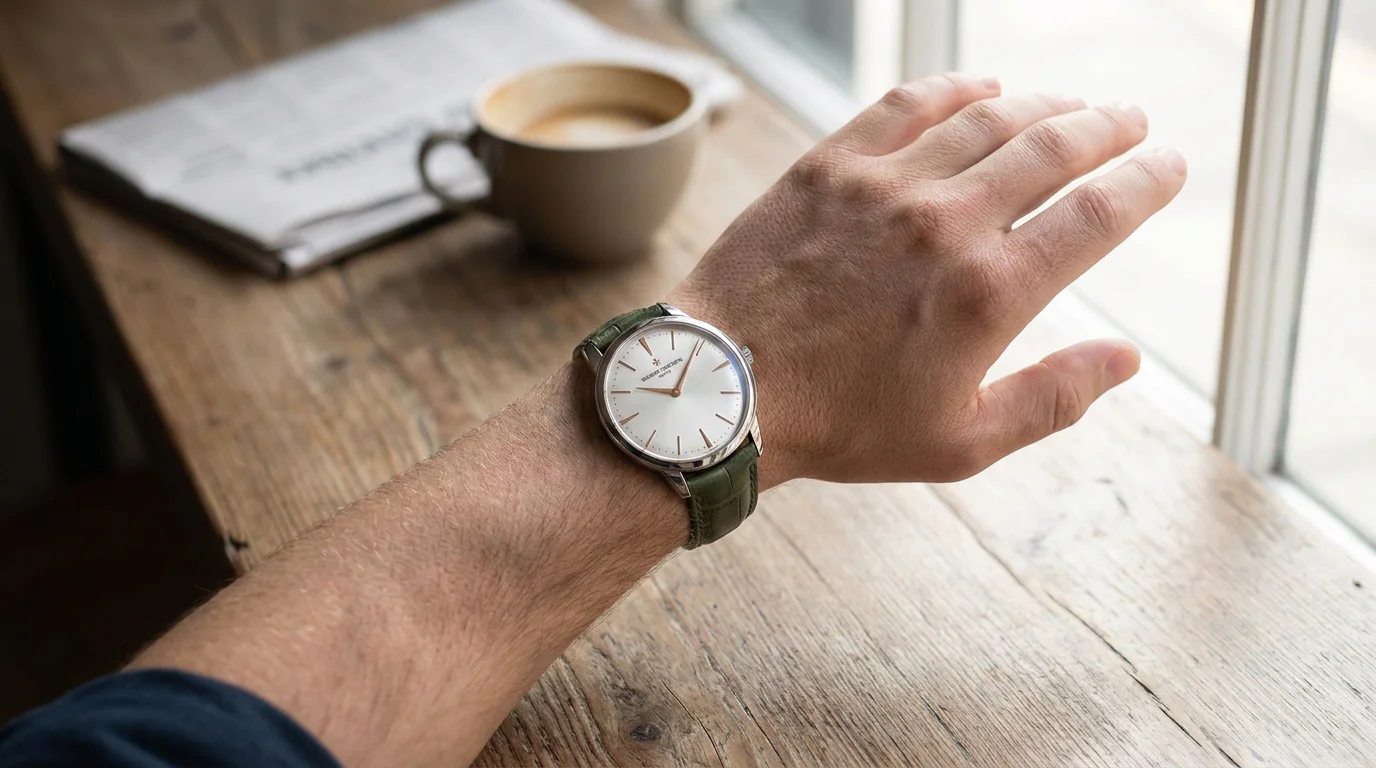 Vacheron Constantin Patrimony with silver dial worn on the wrist at a breakfast table