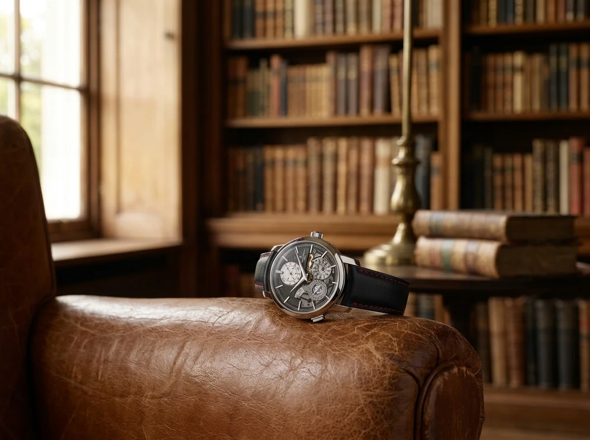 Platinum dress watch on the arm of a leather chair.
