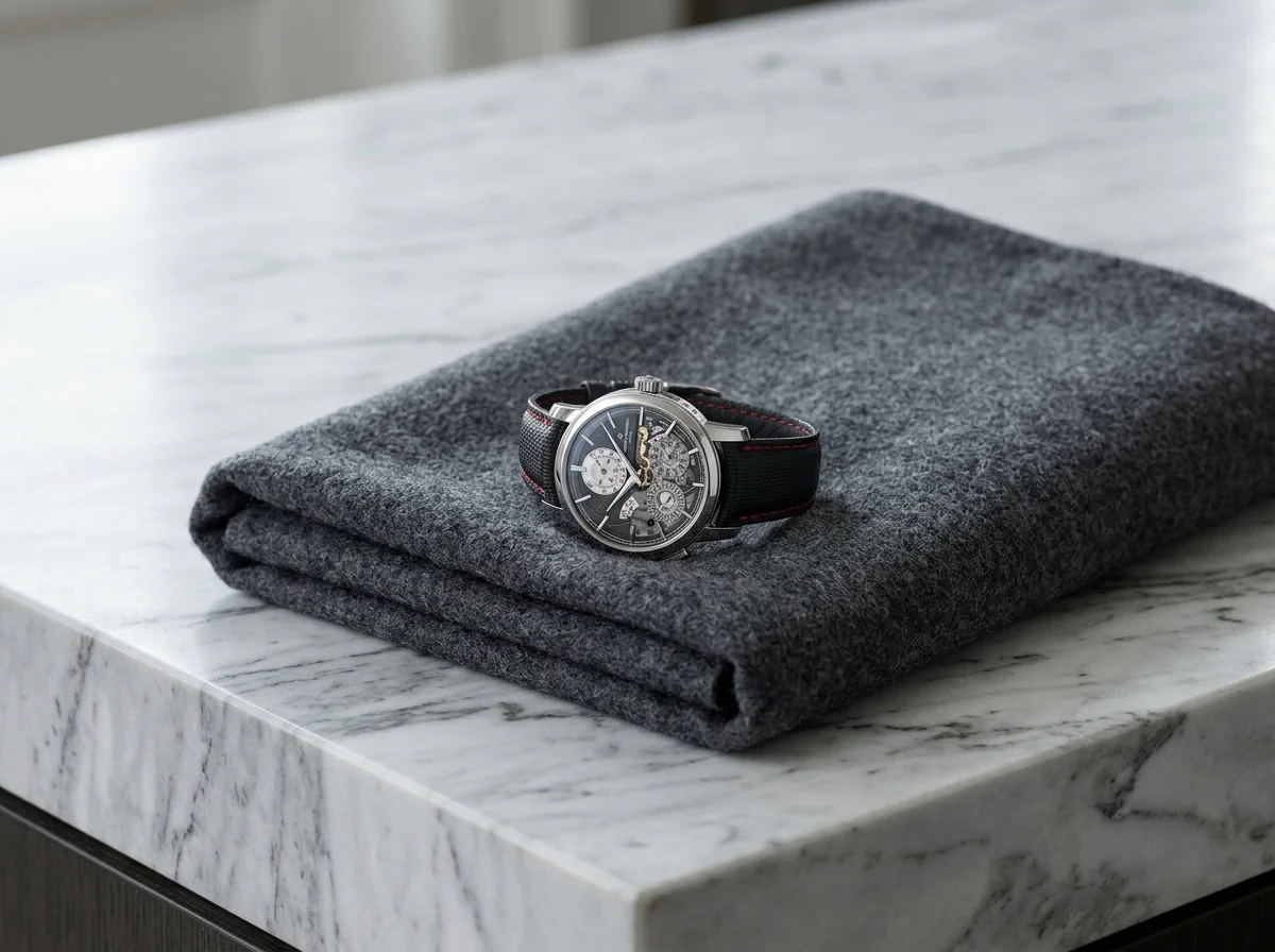 Platinum dress watch resting on grey wool on a marble counter.