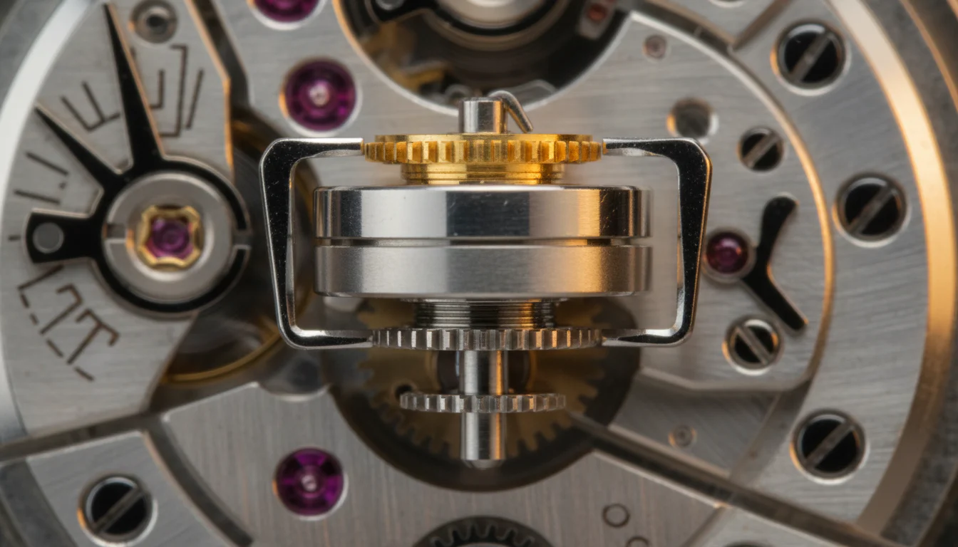Macro view of a chronograph movement's vertical clutch cone and flywheel assembly