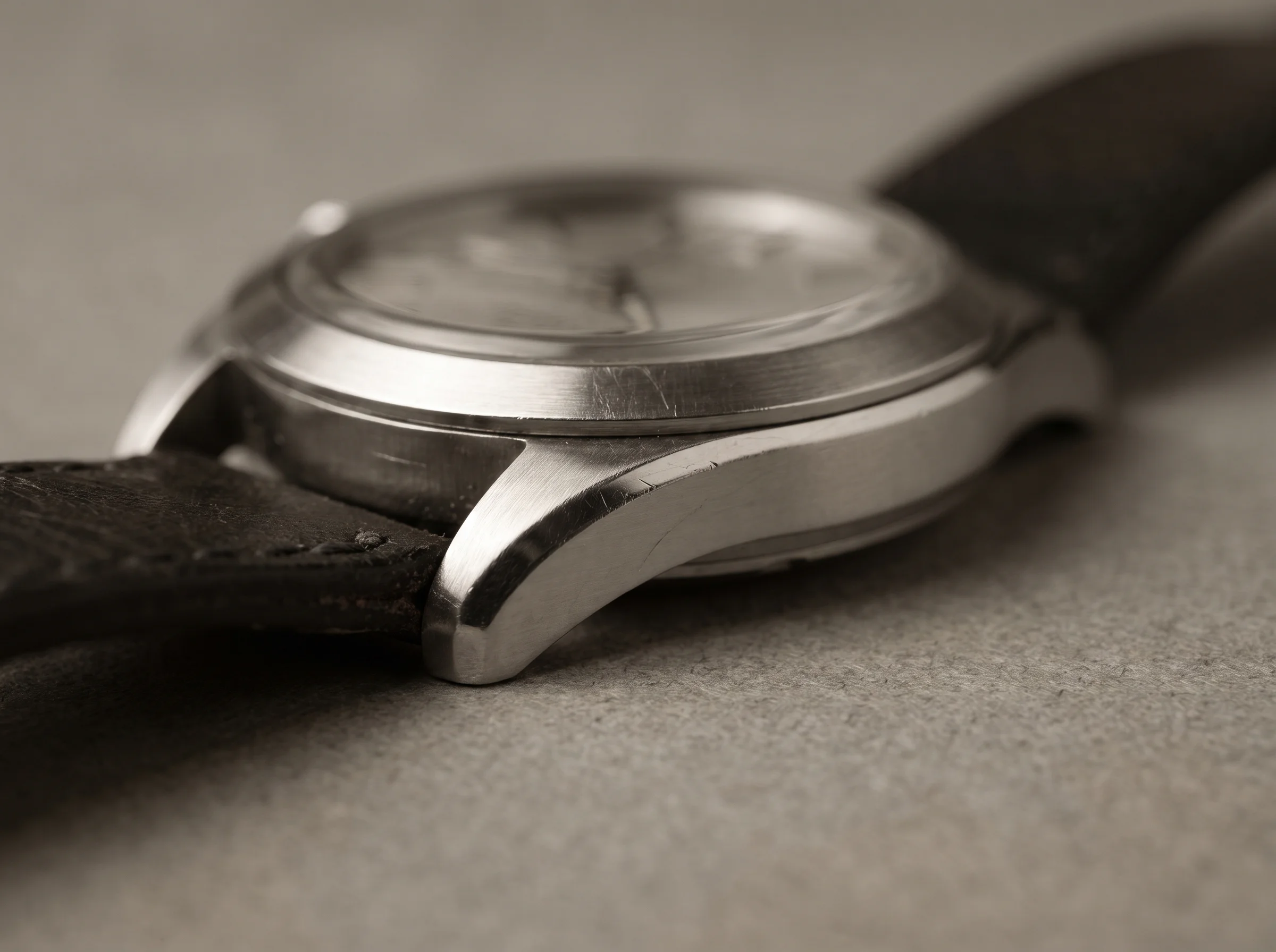 Close view of a vintage watch case showing sharp lug edges and beveled chamfers, the detail polishing erodes