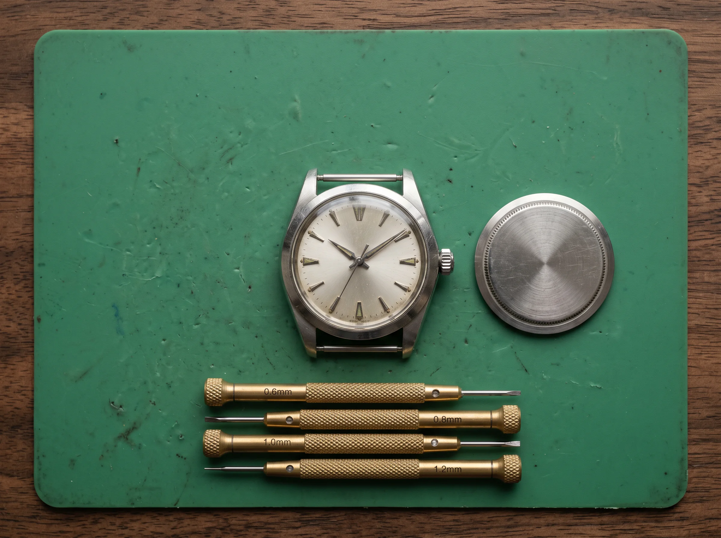 A vintage watch head on a green watchmaker's bench mat beside precision screwdrivers