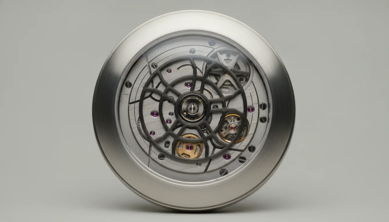 Automatic movement caseback showing bridges, jewels, and a star-shaped indexing wheel from a wandering hours mechanism
