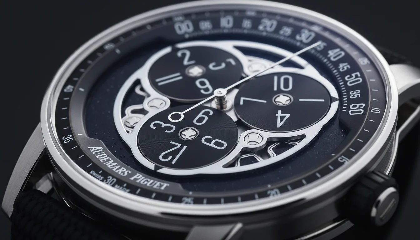 Macro detail of the wandering hours dial showing the three rotating discs with numeral pairs and the AUDEMARS PIGUET wordmark