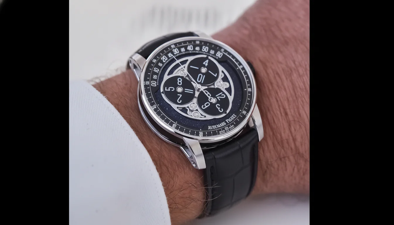 Audemars Piguet Code 11.59 Starwheel wandering hours watch on wrist, showing three numeral discs and a minute chapter ring