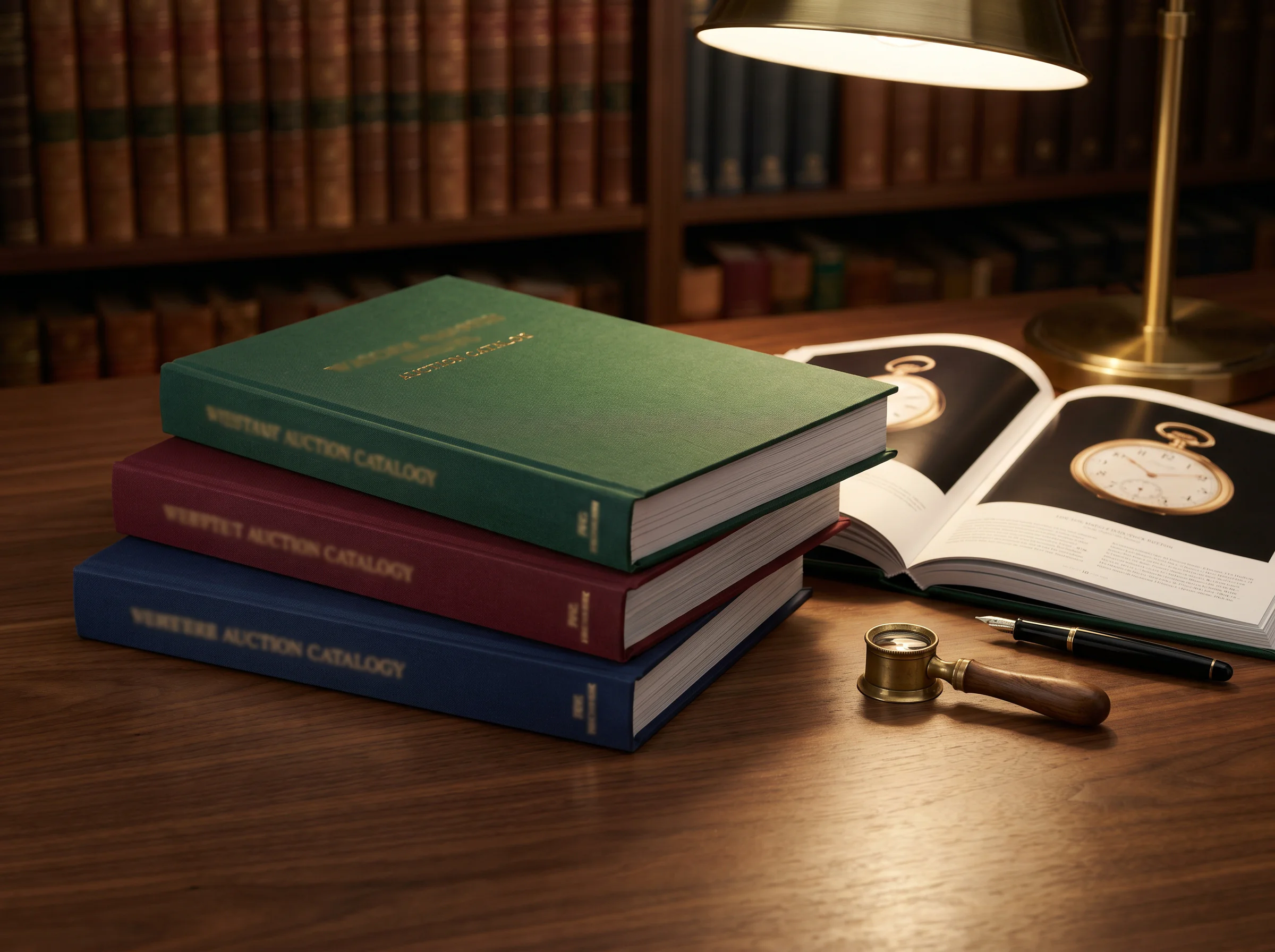 Editorial still life of three watch auction catalogs stacked beside a brass jeweler's loupe