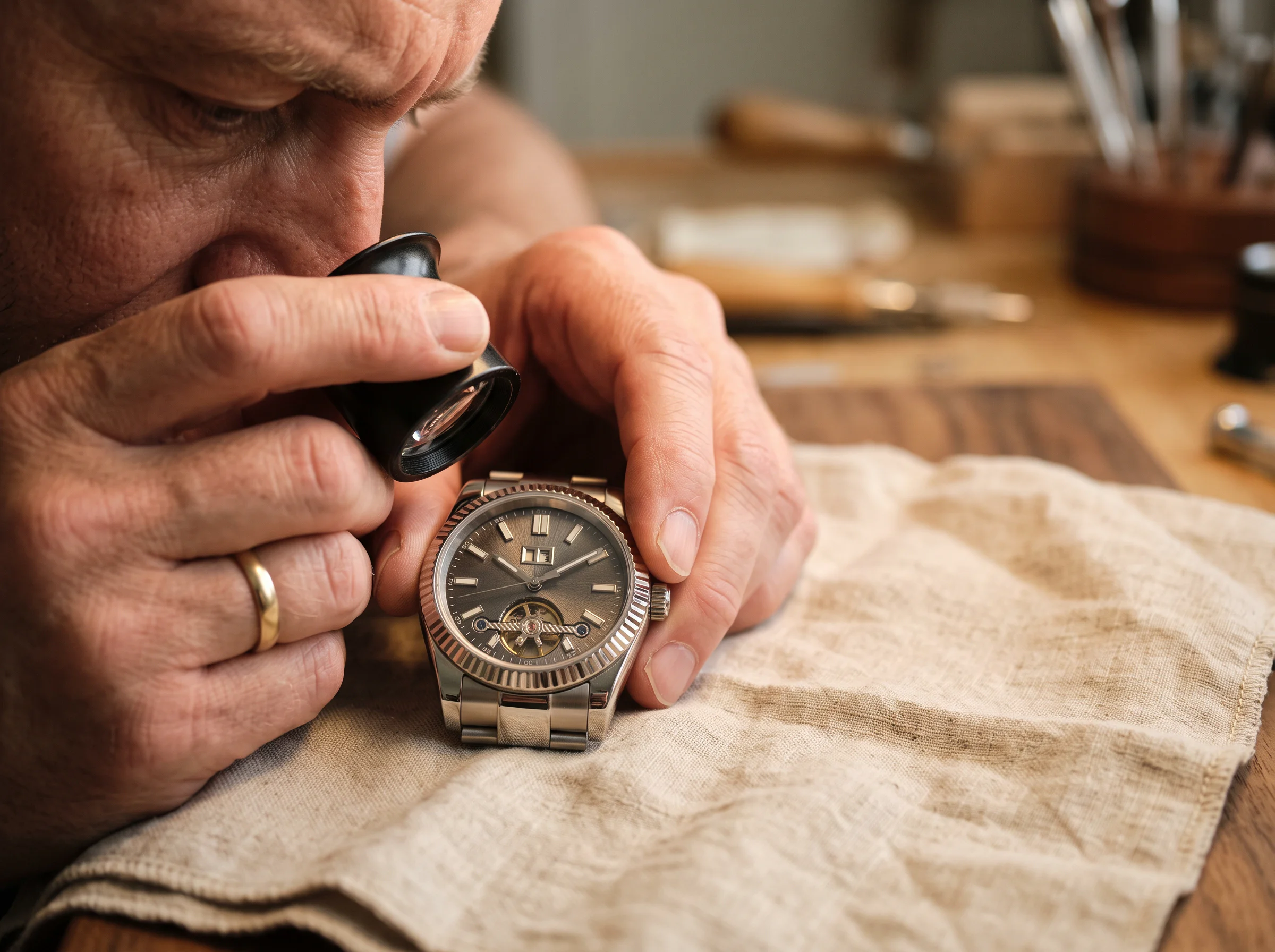 A jeweler's loupe held over the dial of an unbranded luxury watch, suggesting authentication and inspection