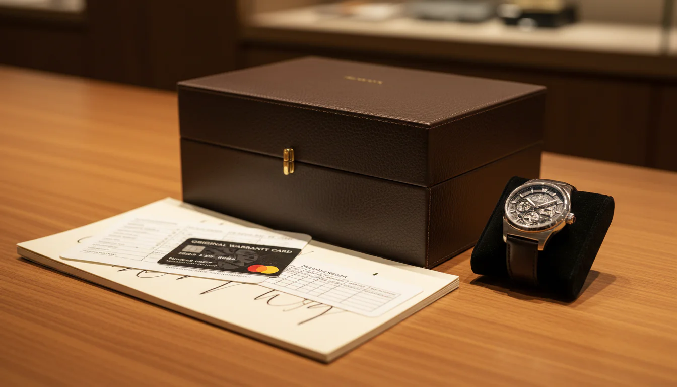 A luxury watch box, warranty card, and receipt laid out on a dealer counter, representing a full set