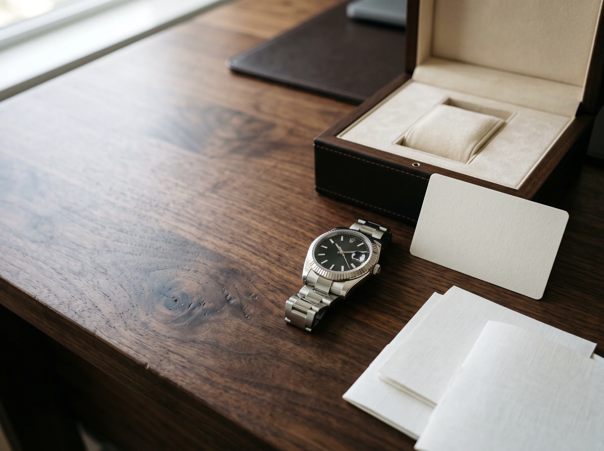 A luxury watch beside an open presentation box, a blank warranty card, and folded documents on a wooden desk