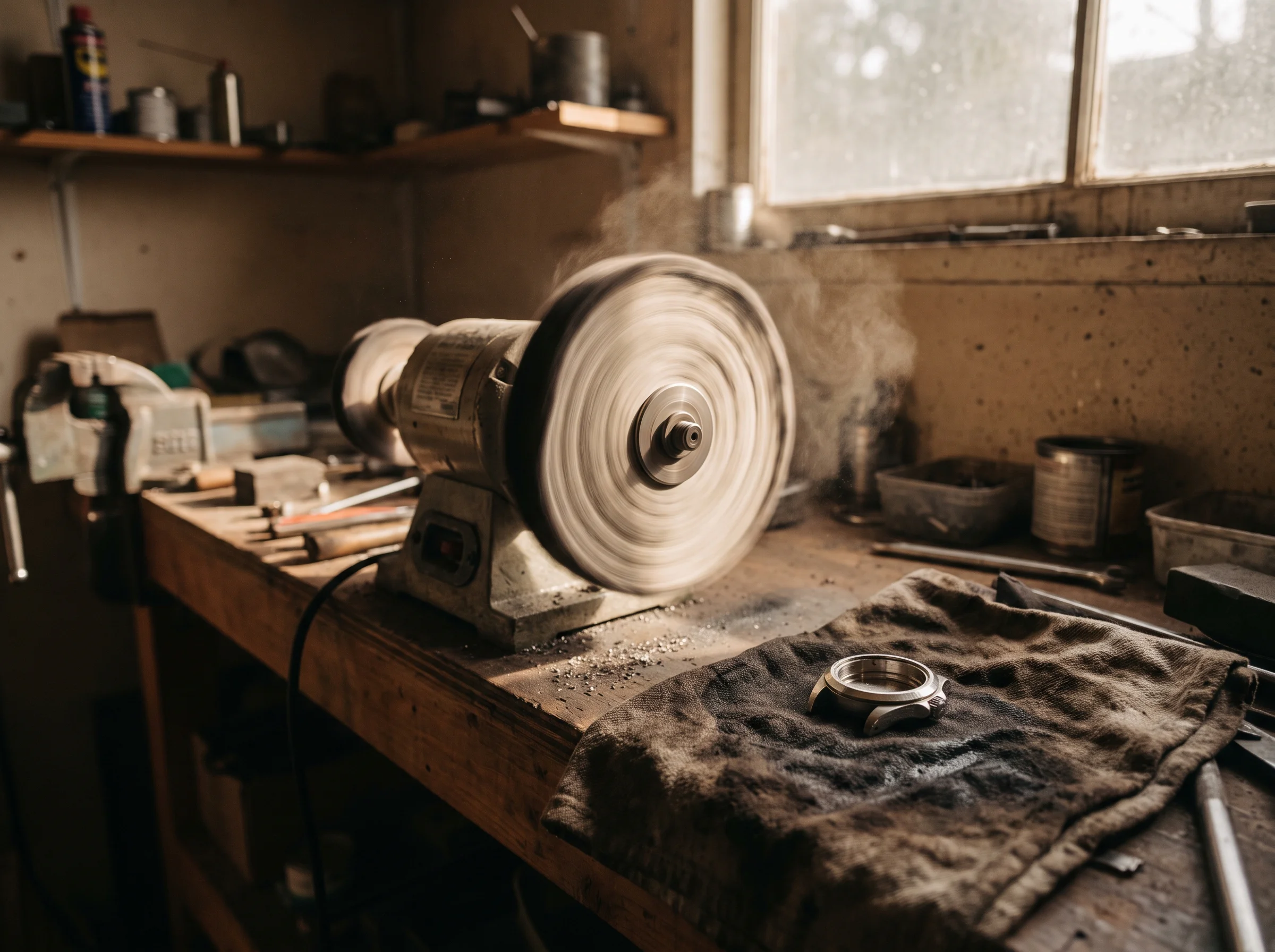 A cloth buffing wheel at a polishing station with a vintage watch case resting nearby
