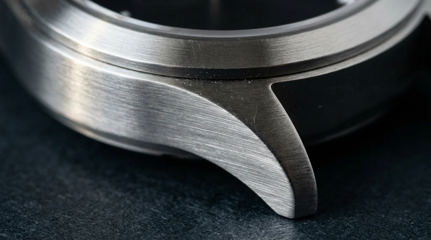 Macro close-up of a steel watch case with a fine directional brushed satin finish
