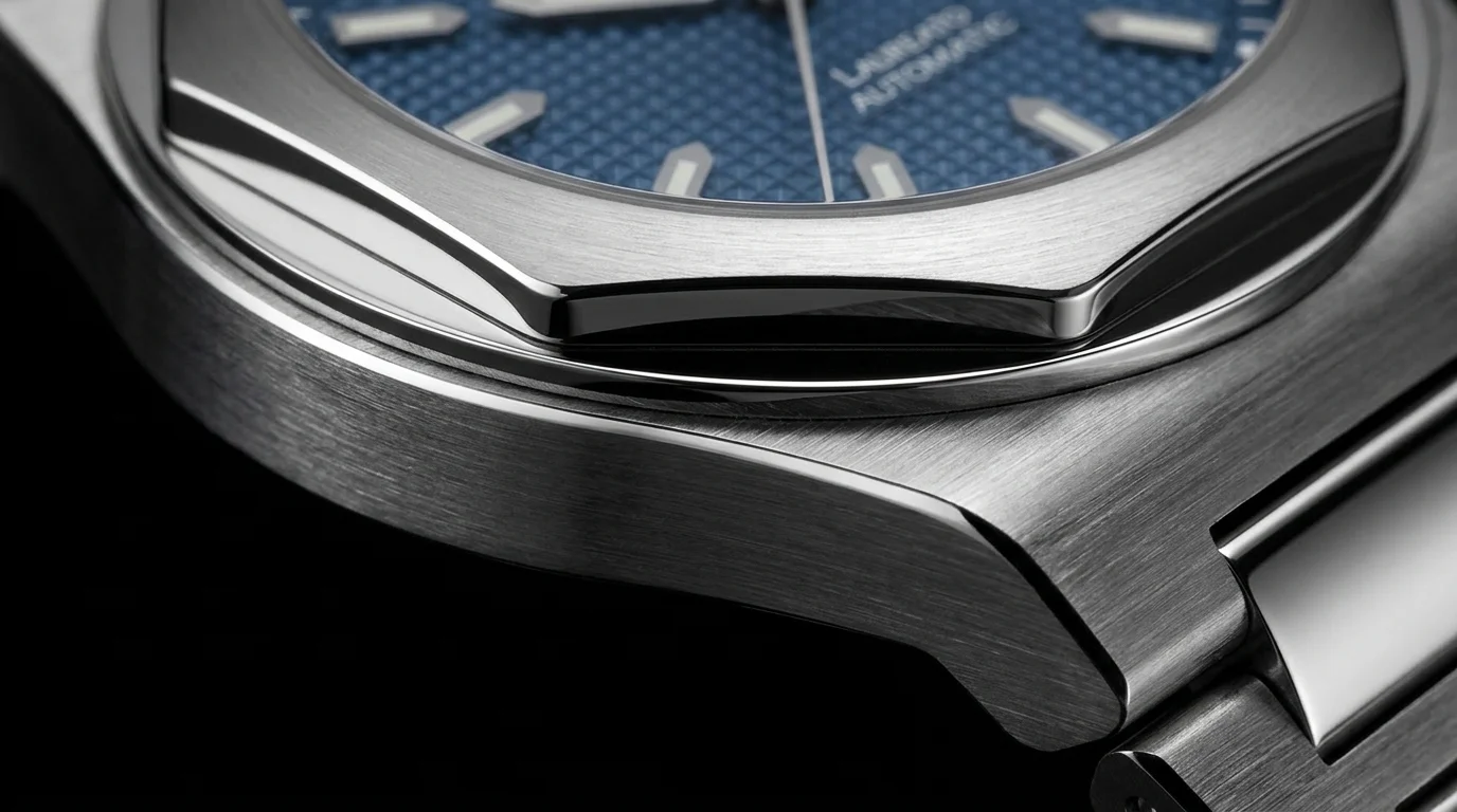 Macro close-up of a Girard-Perregaux Laureato case showing alternating polished mirror bevels against brushed satin flanks