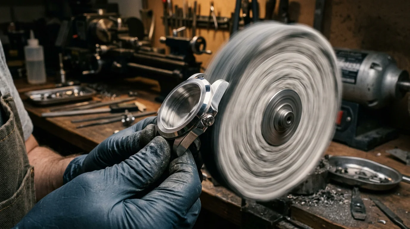 A steel watch case being polished on a rotating buffing wheel in a watchmaker's workshop