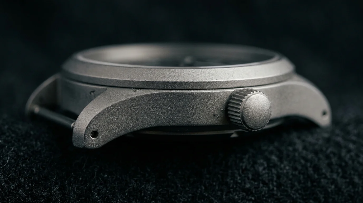 Macro close-up of a steel watch case with a fully matte sandblasted finish