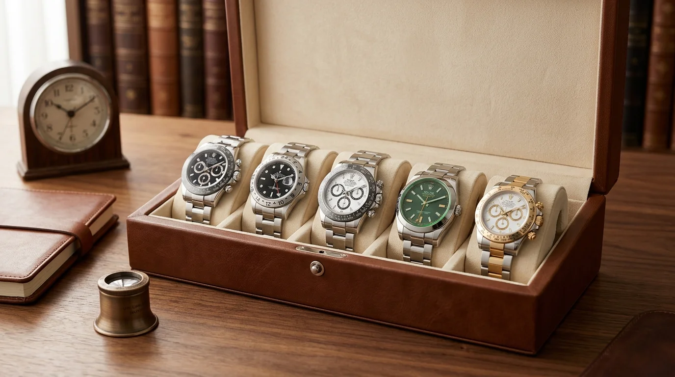 A curated five watch collection arranged in an open leather watch case on a wooden desk