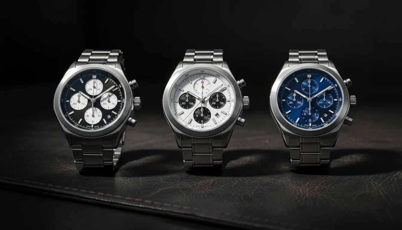 Three steel chronograph watches with different dial colors lined up on a leather surface