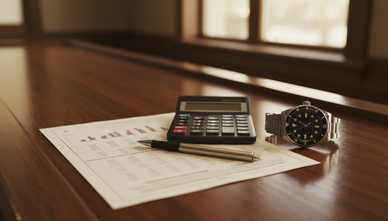 A calculator and printed comparable sales data on a dealer counter next to a steel dive watch